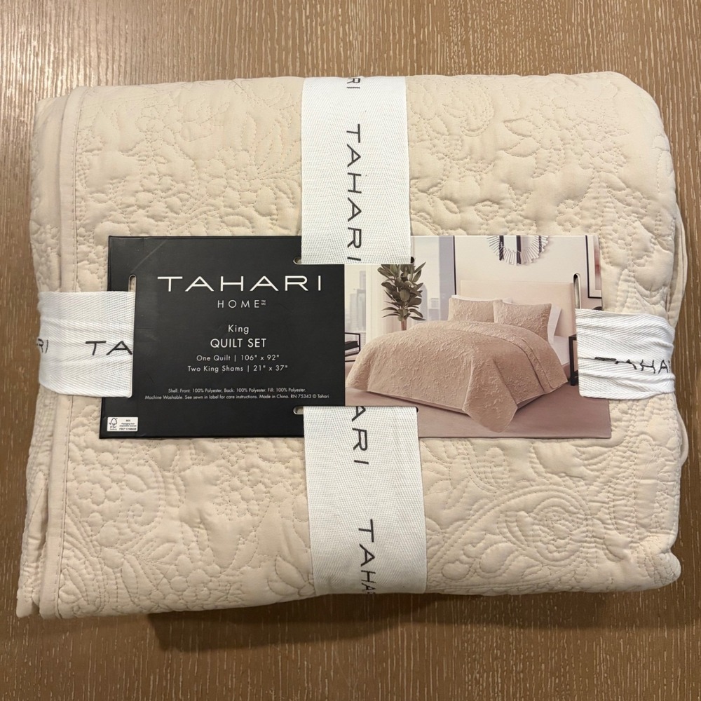 Tahari Home King Quilt Set 3 Piece Cream Floral Embroidered Coverlet 106x92